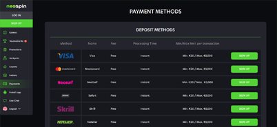Neospin Casino Payments Page