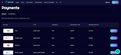 Spinjo Casino Payment Page